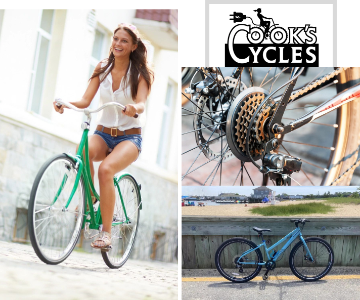 A collage of photos with bikes and women.
