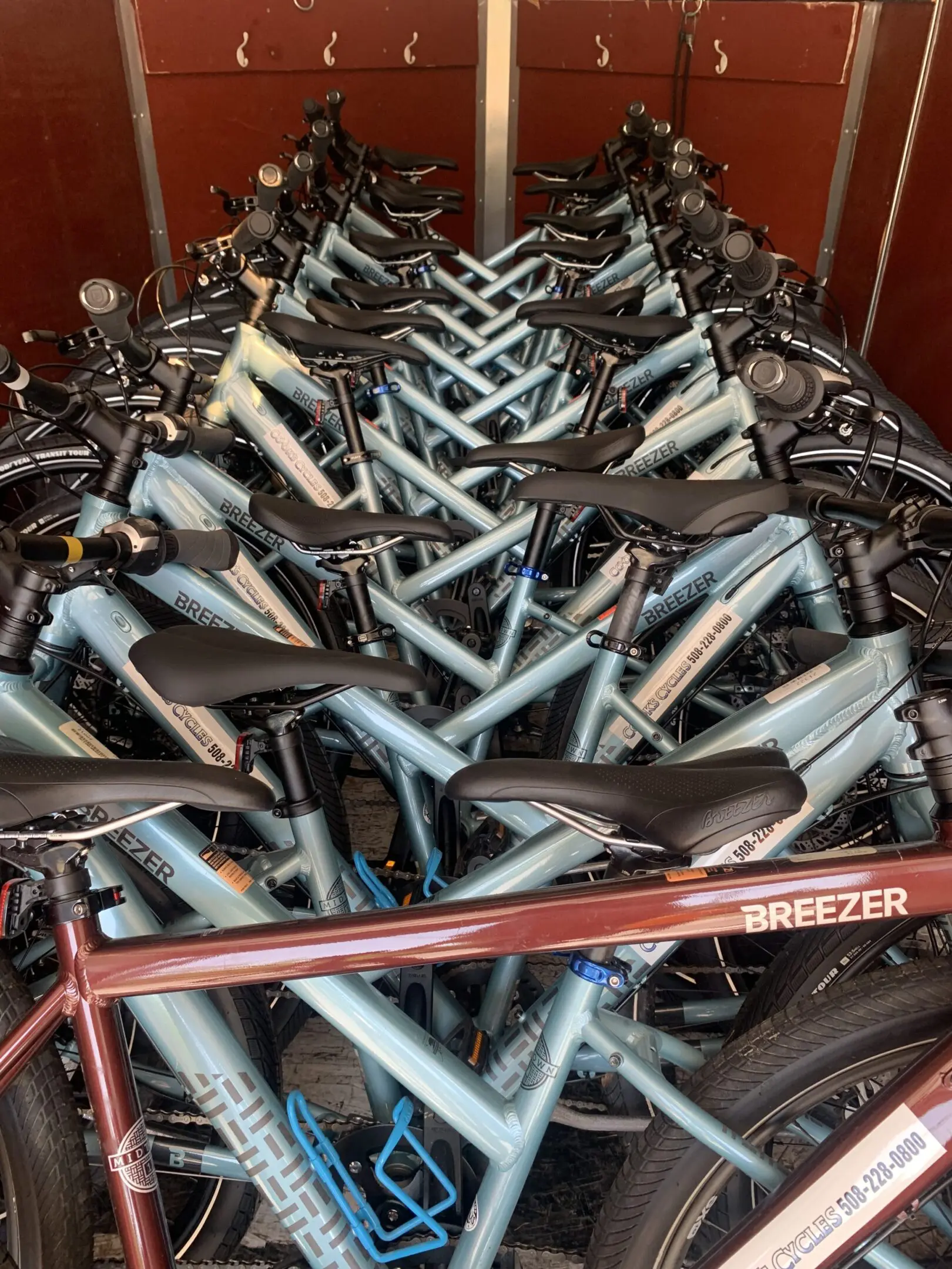A large group of bicycles in a room.
