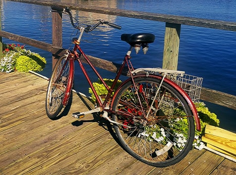Pedal bike rental on Nantucket pier.